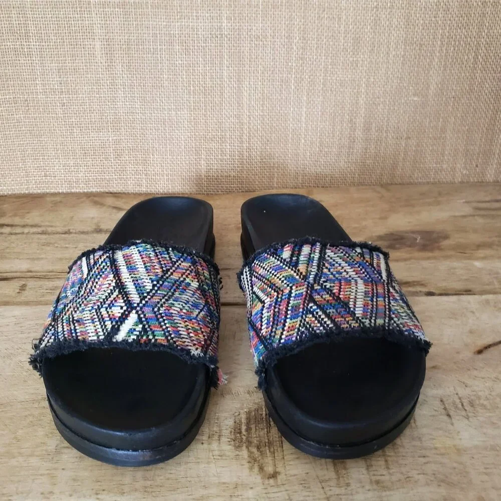 Frye Lily Boho Woven Jacquard Fray Wedge Slide Sandals Southwestern SZ 8